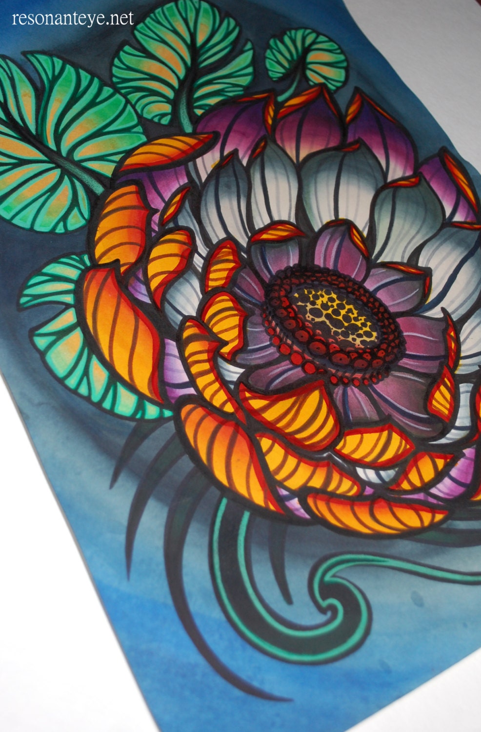 dark lotus handpainted tattoo art: tattoo flash painting, orange, purple and grey flower