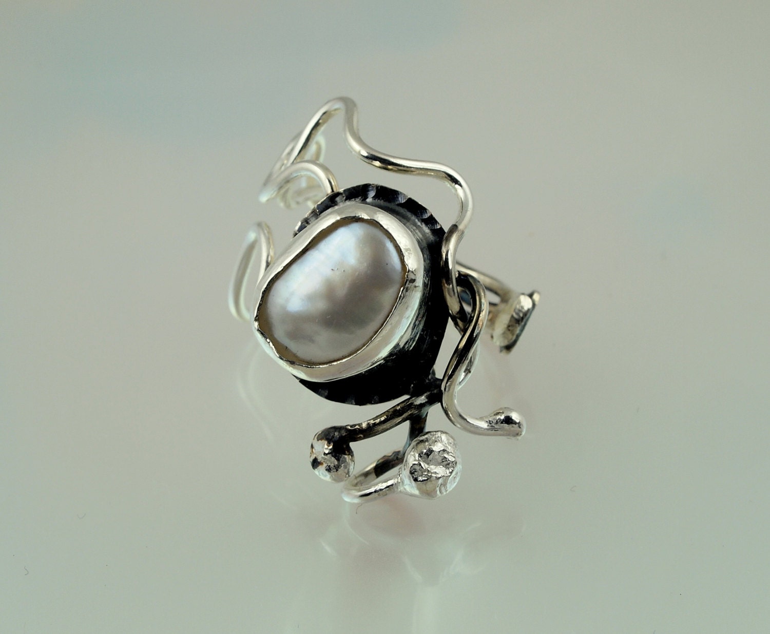 925 Sterling Silver Pearl Ring - One of a Kind - OOAK -  Curly Hair Women - Spring Sale