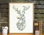 Deer Head Print Decorative Stag, Bird & Floral Screenprint