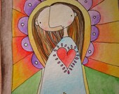 Woman With Bird and Candle - Unframed Original Illustration