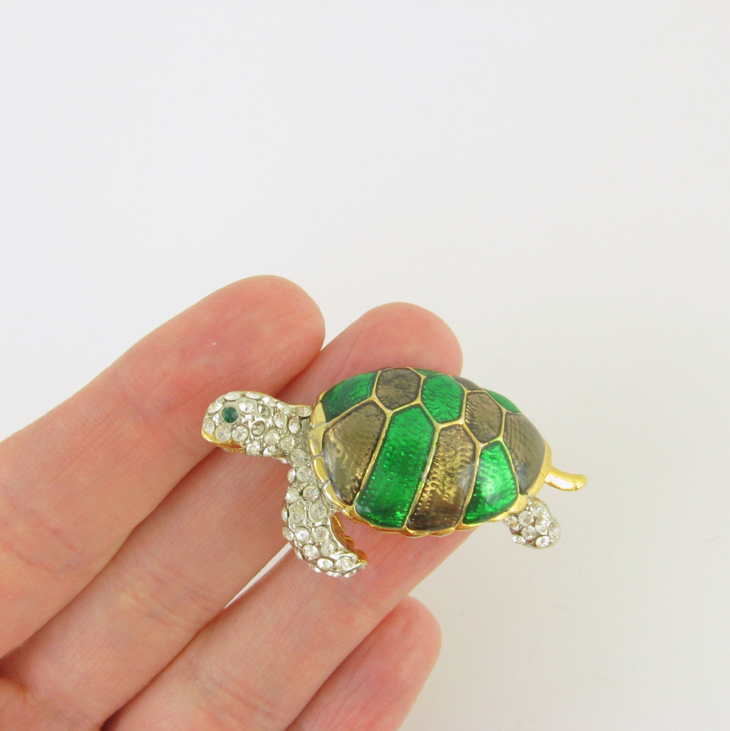 Vintage 1970s Turtle Enamel Brooch w/ Rhinestones in Emerald Green