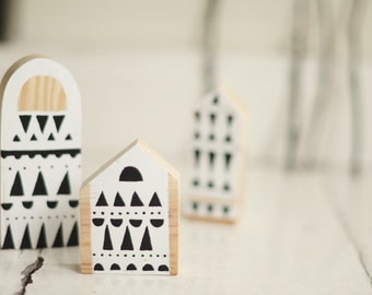 Hand painted wooden village, miniature village, hand painted house, wood block toy house, little wooden house, decorative miniature house