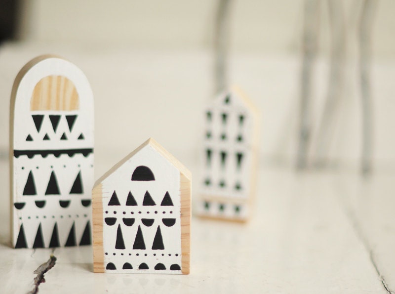 SET of 3 - Hand painted wooden village, miniature village, hand painted house, wood block toy house, little wooden house, decorative house