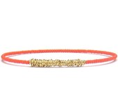 Beaded Bangle Bracelet // Coral Pink, Thick Gold Wire Wrap // Recycled Jewelry // Eco-Friendly // Reclaimed Guitar Strings // Summer Trends