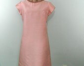 60s silk beaded Rhinestone collar sheath mini mod dress . Pretty Pink cocktail prom party . madmen . large medium