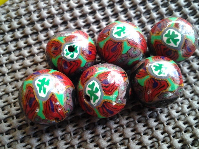 set of 6- Millefiori with shamrock design polymer clay beads, flower beads, unique floral beads