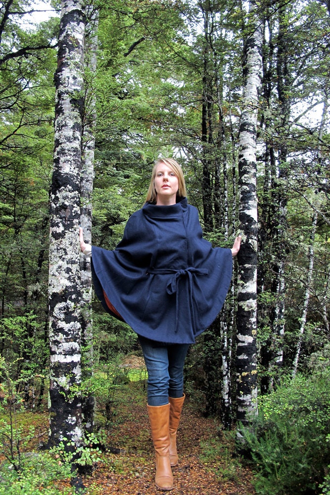 Little Bow Cape - Navy Wool Coat - Free Shipping
