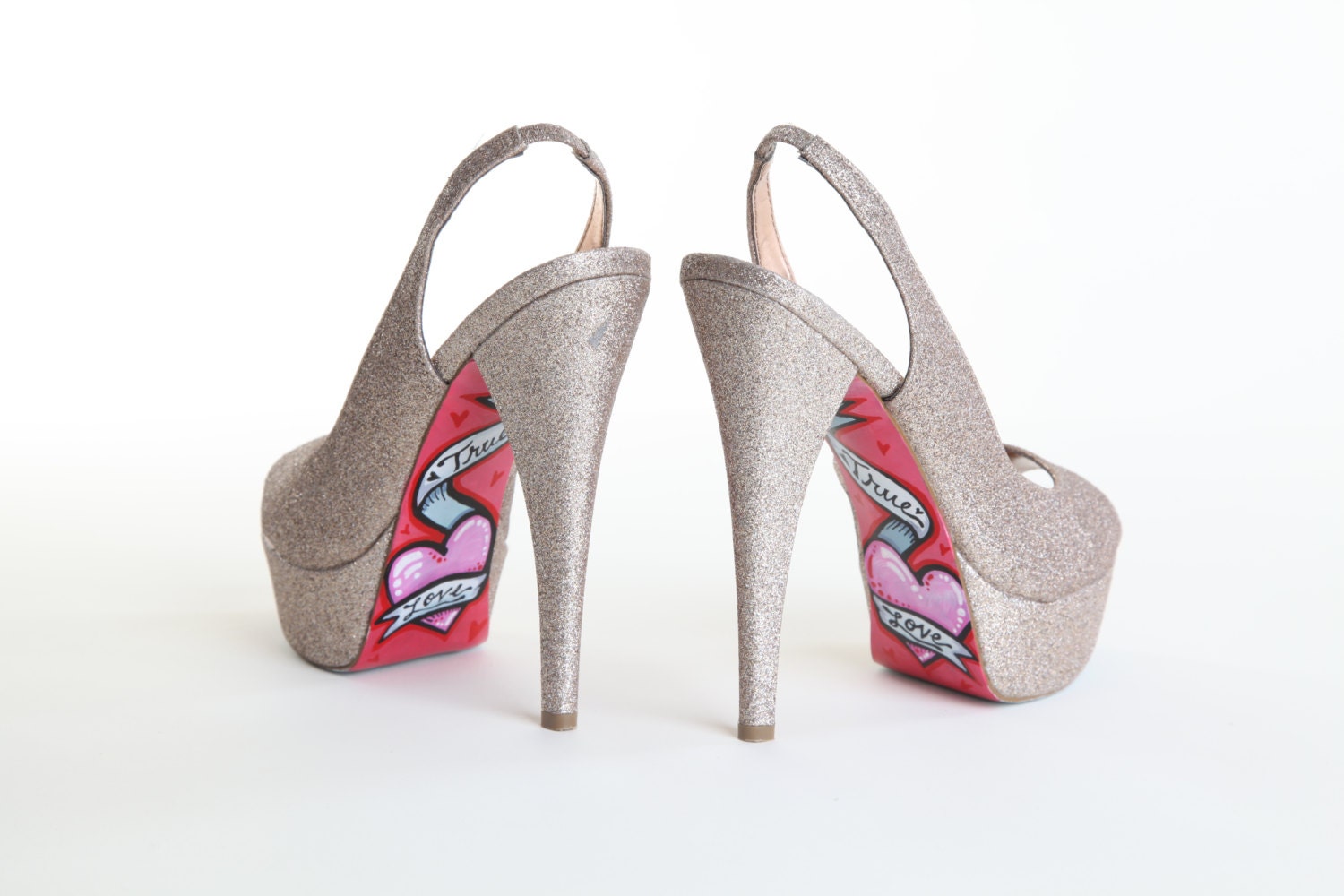 Gold Glittery True Love Heels...Size 7.5...Hand-Painted by Only Hanna