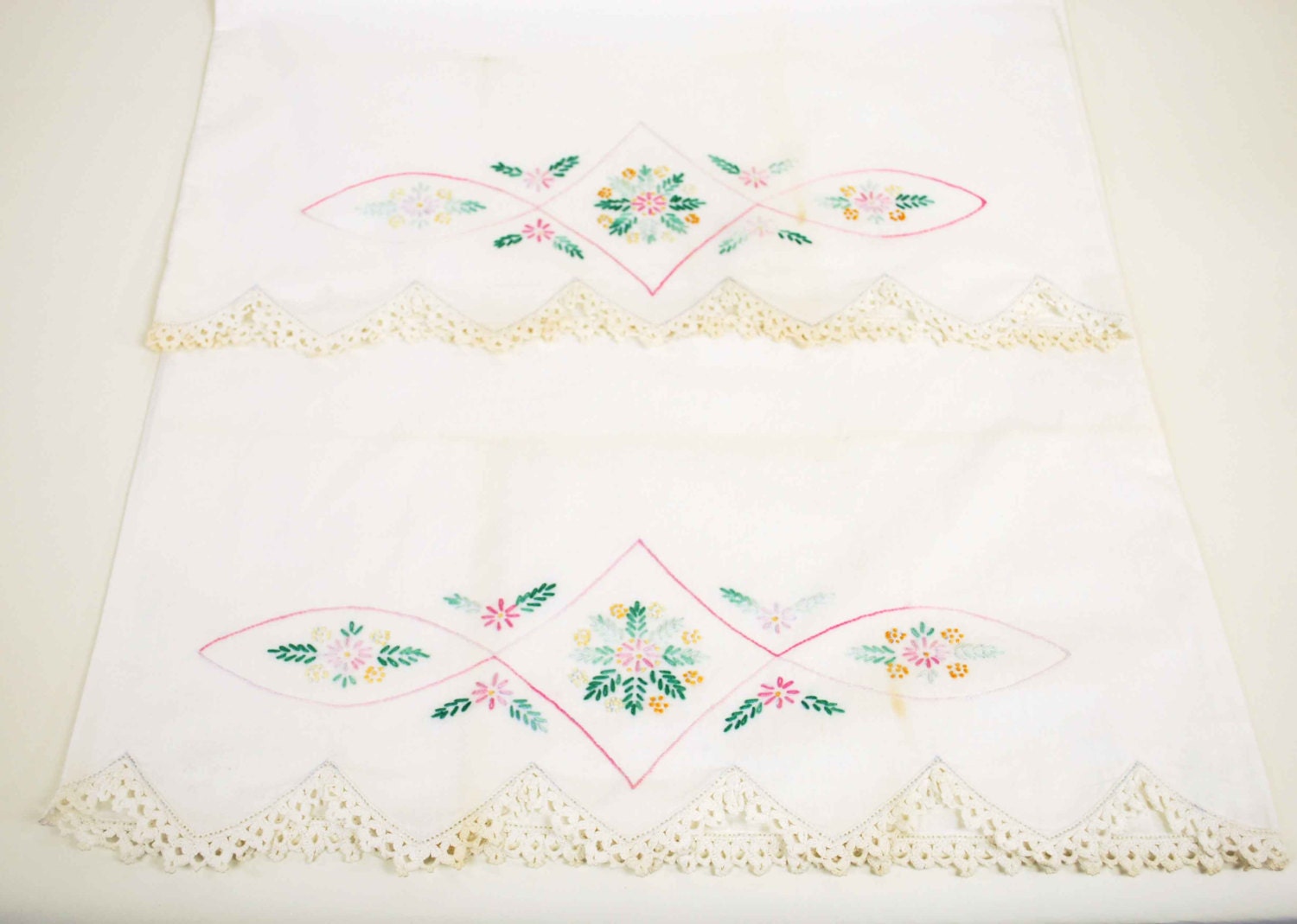 Pair Vintage Pink Floral Embroidered Pillowcases with Lace Crochet Edge
