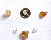PROSPERITY --- framed sacred crystal grid --- citrine, clear quartz, Chinese coin --- seed of life