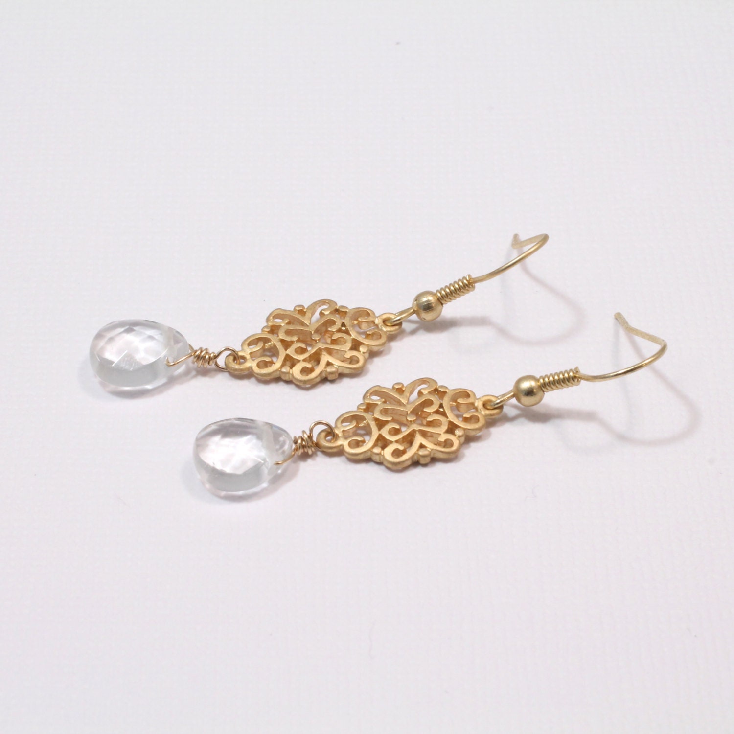 SALE--Gold Plated Drop Earrings Clear Crystal Wire Wrapped Vintage Style