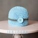 Newborn baby boy beanie with button.  Blue and grey hat with blue button for newborn baby boy.  Made to order.  Photo prop.