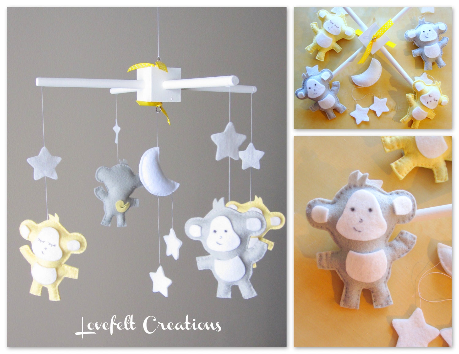 Baby Crib Mobile - Yellow and Gray Mobile  - Baby Mobile -  Monkey Mobile