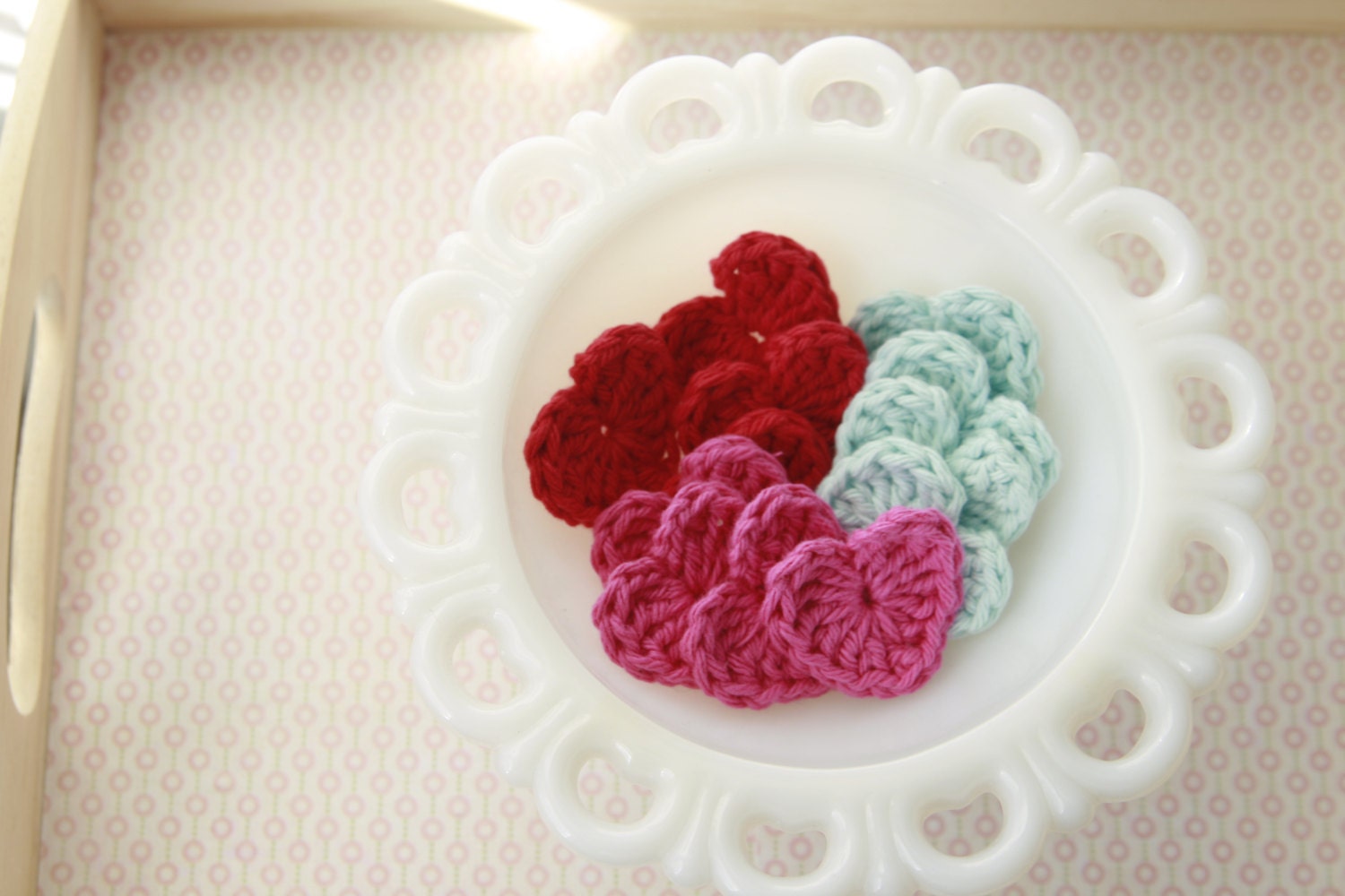 Crochet Heart Appliques / Red Fuschia  Blue/ 1 dozen / by Lovenote Crafts