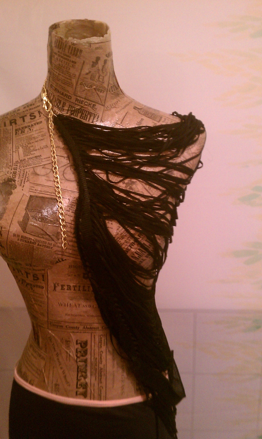 TMD: Black fringe shredded necklace, accessory. unique high fashion, urban, edgy osfa
