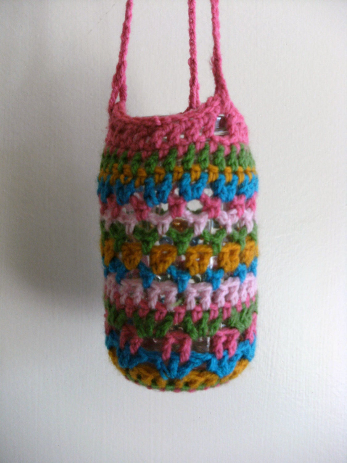 Hanging Jar, vase, crochet covered jar.