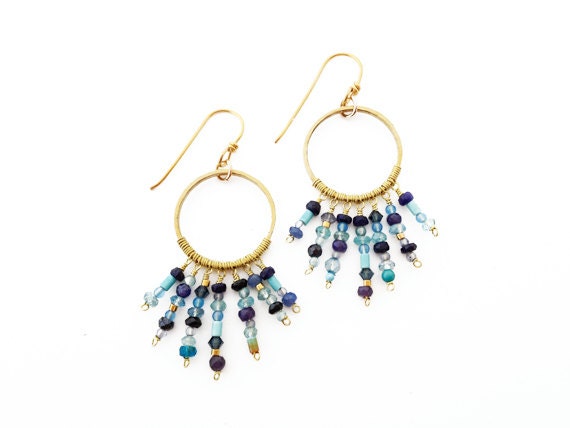 Blue Beaded Earrings - Festive Spring/ Summer Earring - Gold Circle - Party Earring - Sapphire, Turquoise, lapis,  Iolite, Aquamarine, Topaz