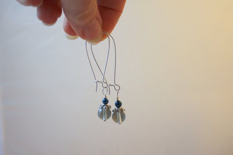 Blue beaded earrings - crystal blue dangle earrings - free shipping - ships free - kidney shaped ear wire - kidney earwire