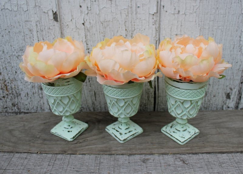 Trio of Pale Mint Upcycled Vases - Wedding Decor - Shabby Chic Decor - Painted Vases - Mint Green - Seafoam Green - Nursery