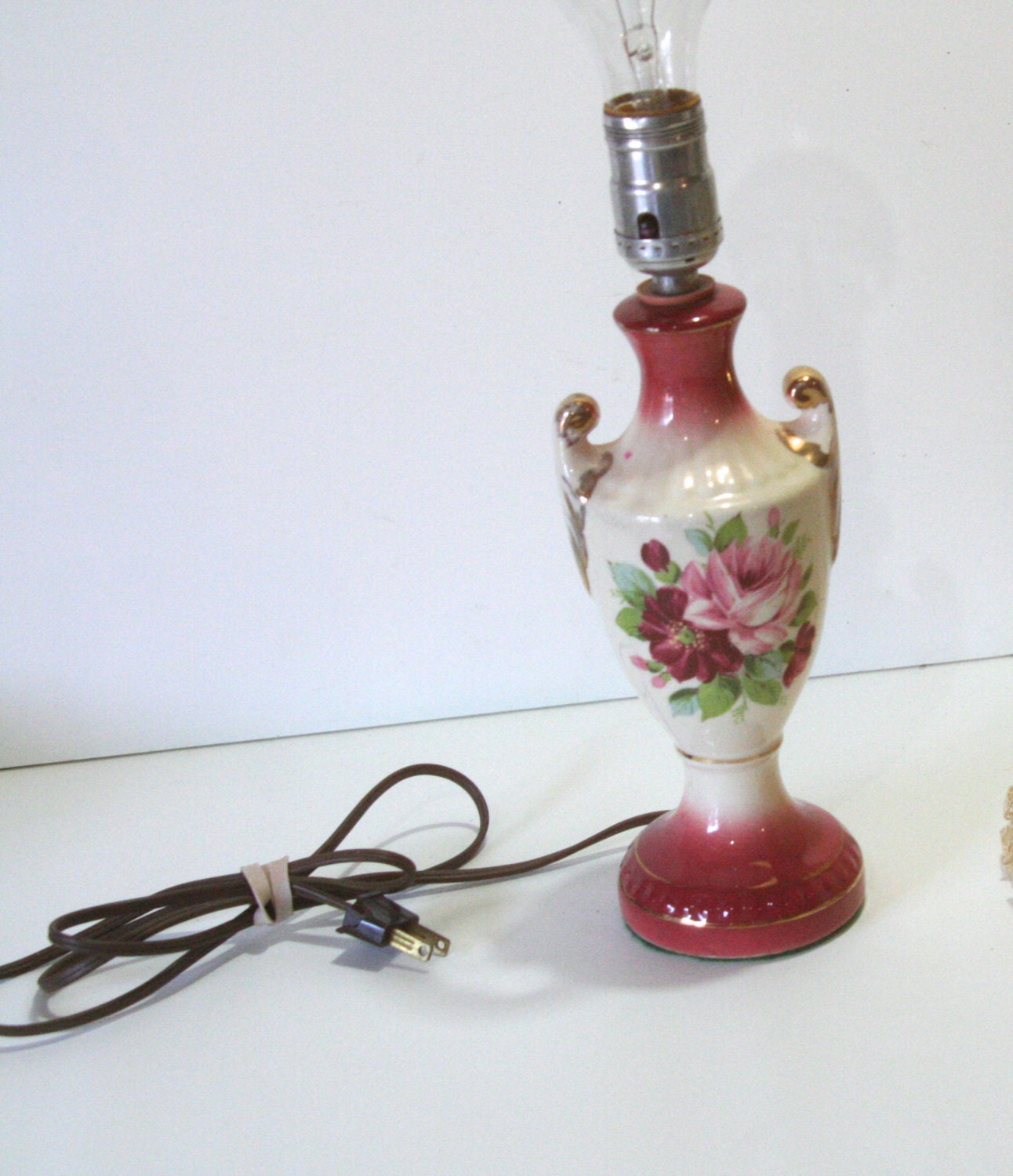 Vintage Ceramic table Lamp Urn shape with Pink and Red Roses appliqué detail for Boudoir Bedside Cottage Chic space