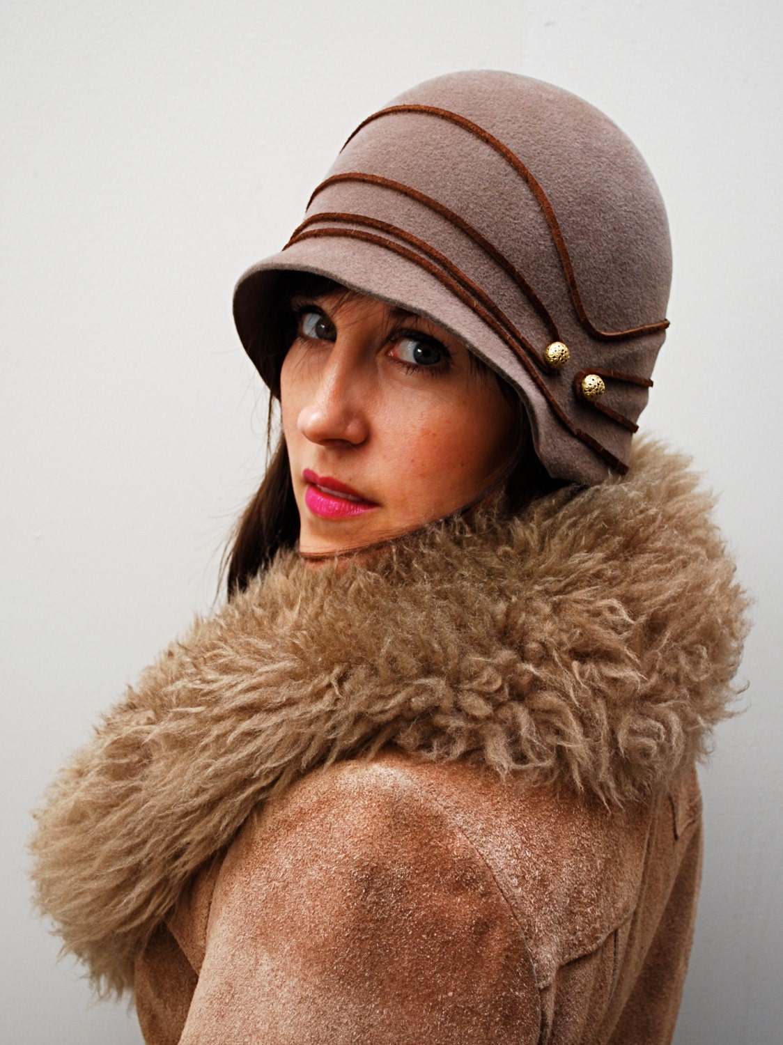 Hand Draped Velour Bell Cloche - Brown /Leather /Brass/Womens hat