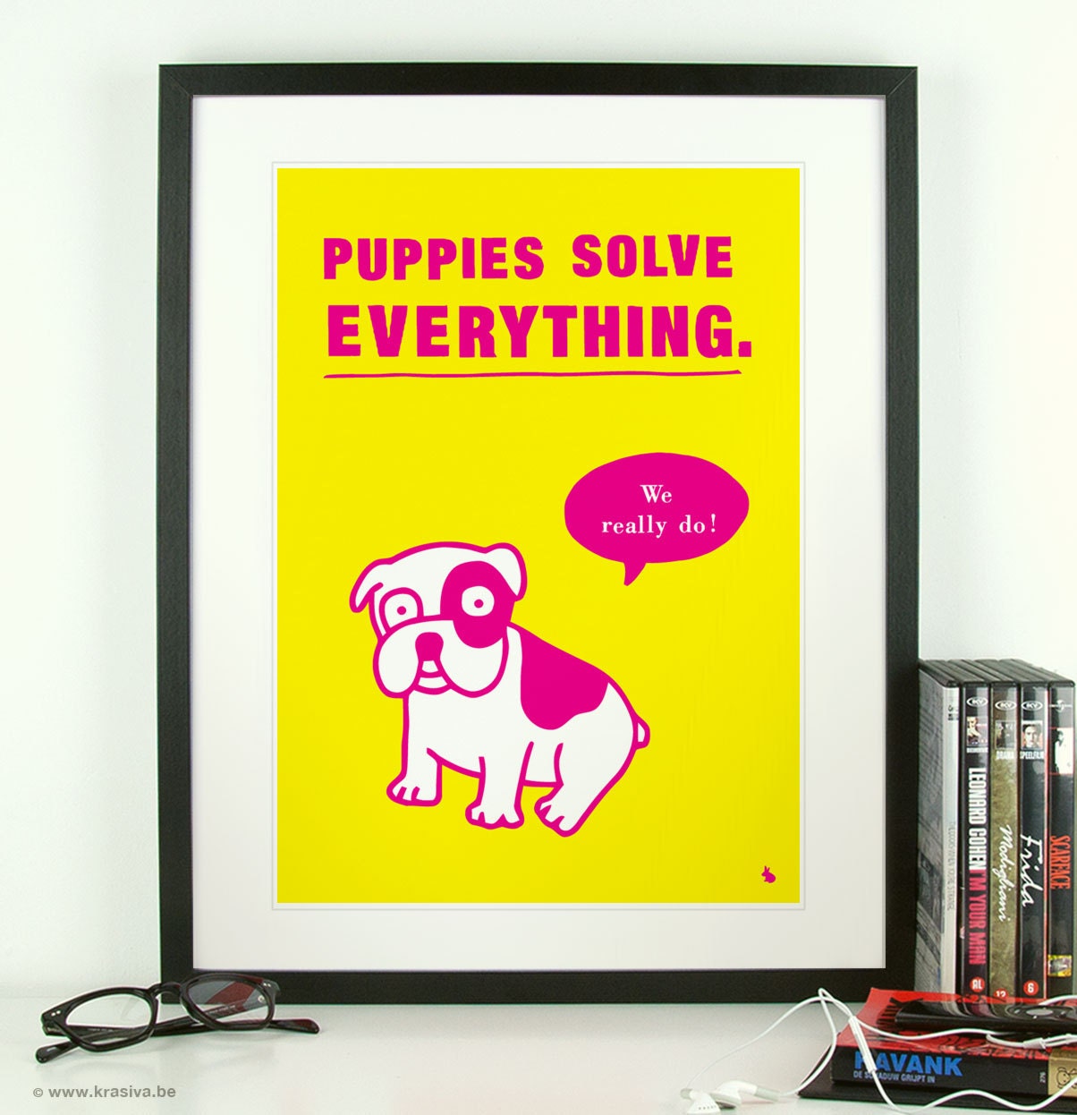Cute pink puppy dog yellow quote poster print art - Puppies solve everything - A3
