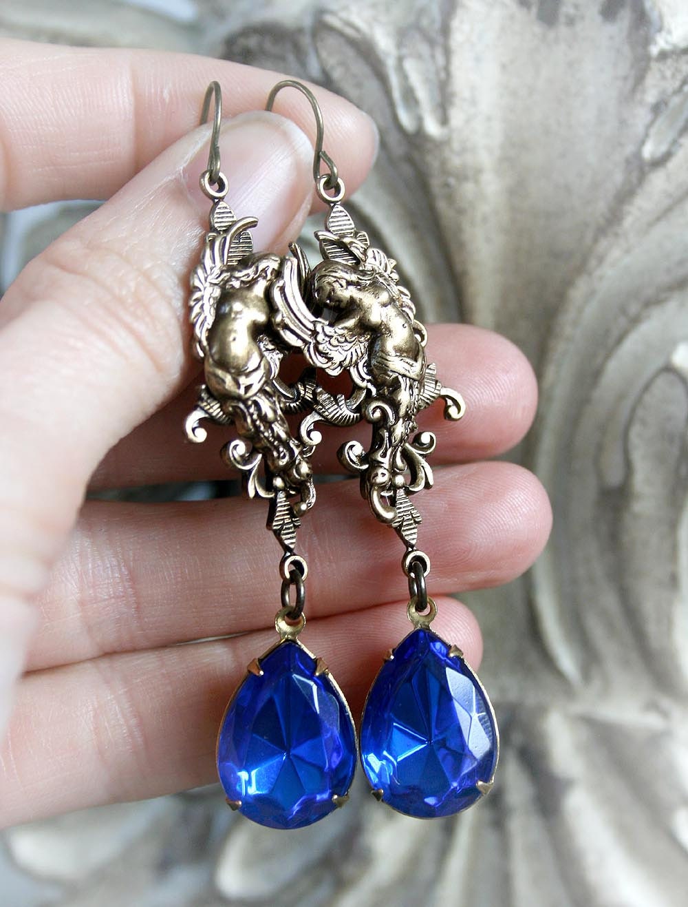 GUARDIAN ANGELS romantic Victorian sapphire crystal drop angel earrings, free gift boxing