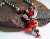 Silver and Ruby Red Iridescent Beaded Wingnut Angel Necklace
