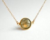 Labradorite Gemstone Gold Necklace, Bezel Set Stone 22k Gold Vermeil - Framed Stone, Gold Jewelry