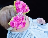 lime green hot pink rosette bow-Luxe Taffeta Rose Bow- pearl rhinestone center-lime green tafetta Bow