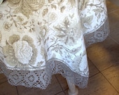 PROVENCE Pure Linen Tablecloth with wide Linen Lace--Print Flowers / wide Linen Lace --Table Linens Provence