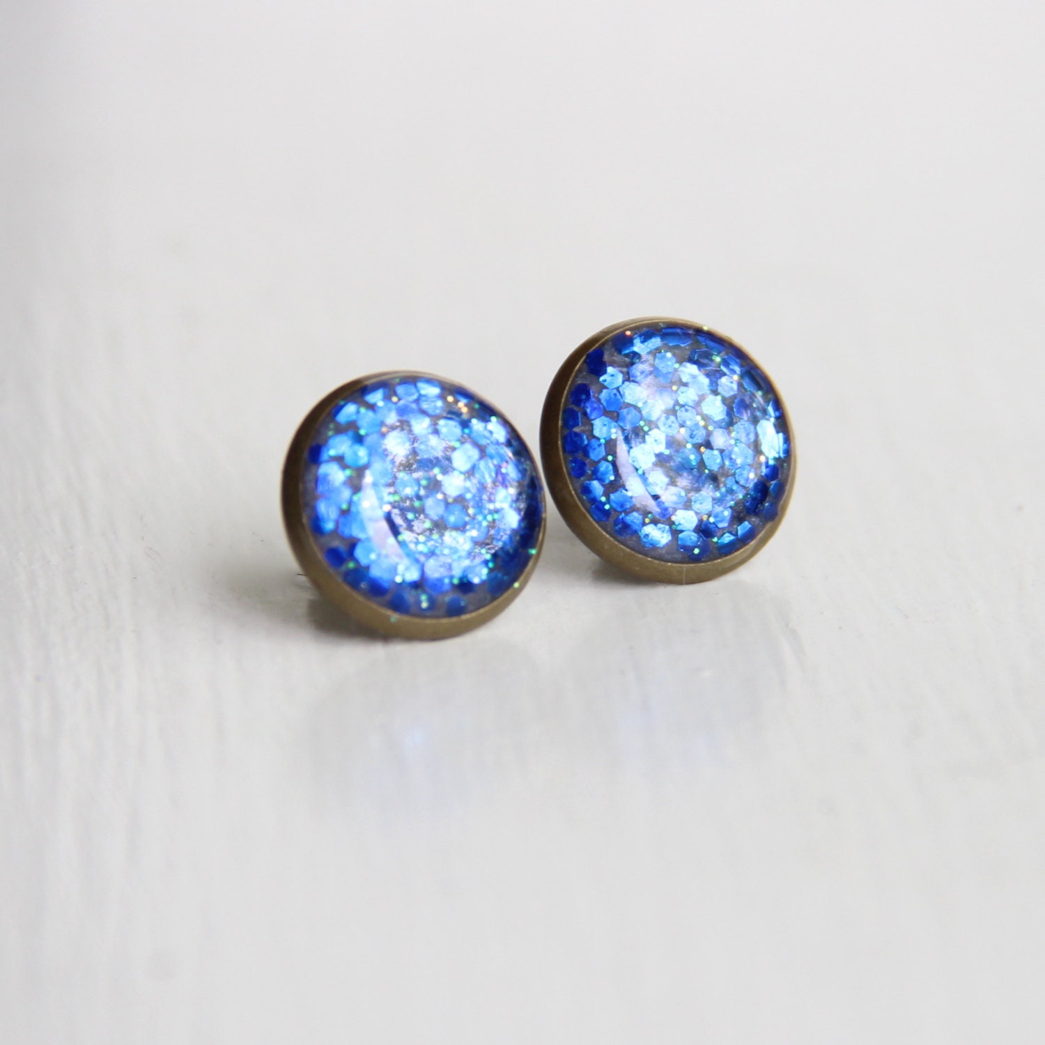 Sparkly Blue Earrings, Blue Resin Earrings, Small Glitter Earrings, Blue Post Earrings