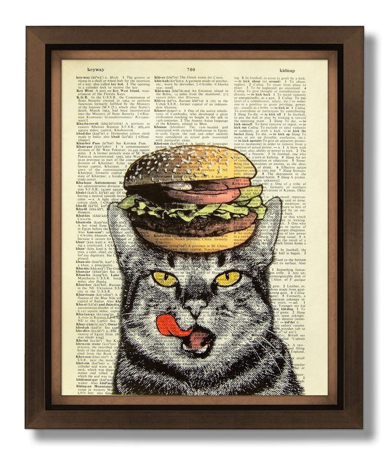 Art Print, Poster, Cool Cat Art, Upcycled Cat Dictionary page, Cat book art print, Original CAT ILLUSTRATION Cat Painting - Hamburger Cat