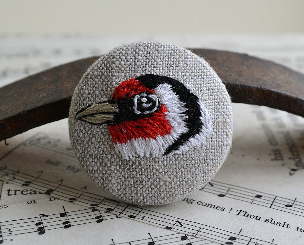 Hand Embroidered Goldfinnch Bird Button