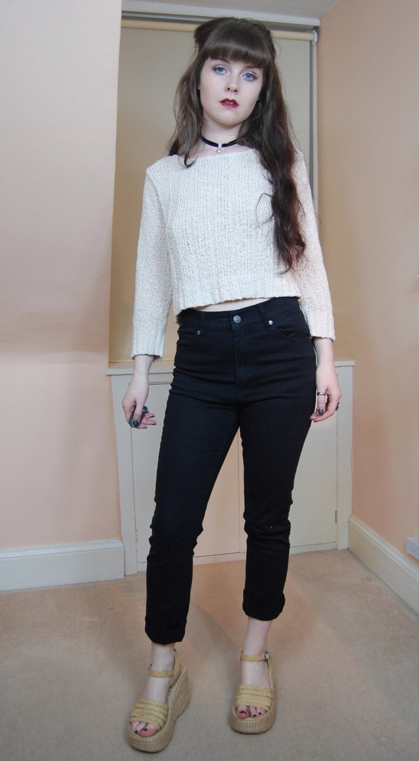 80s 90s Grunge White Cotton Knit Boatneck Cropped Sweater M
