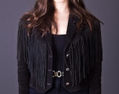80s Vintage Southwestern Cropped Fringe Jacket in Black Suede