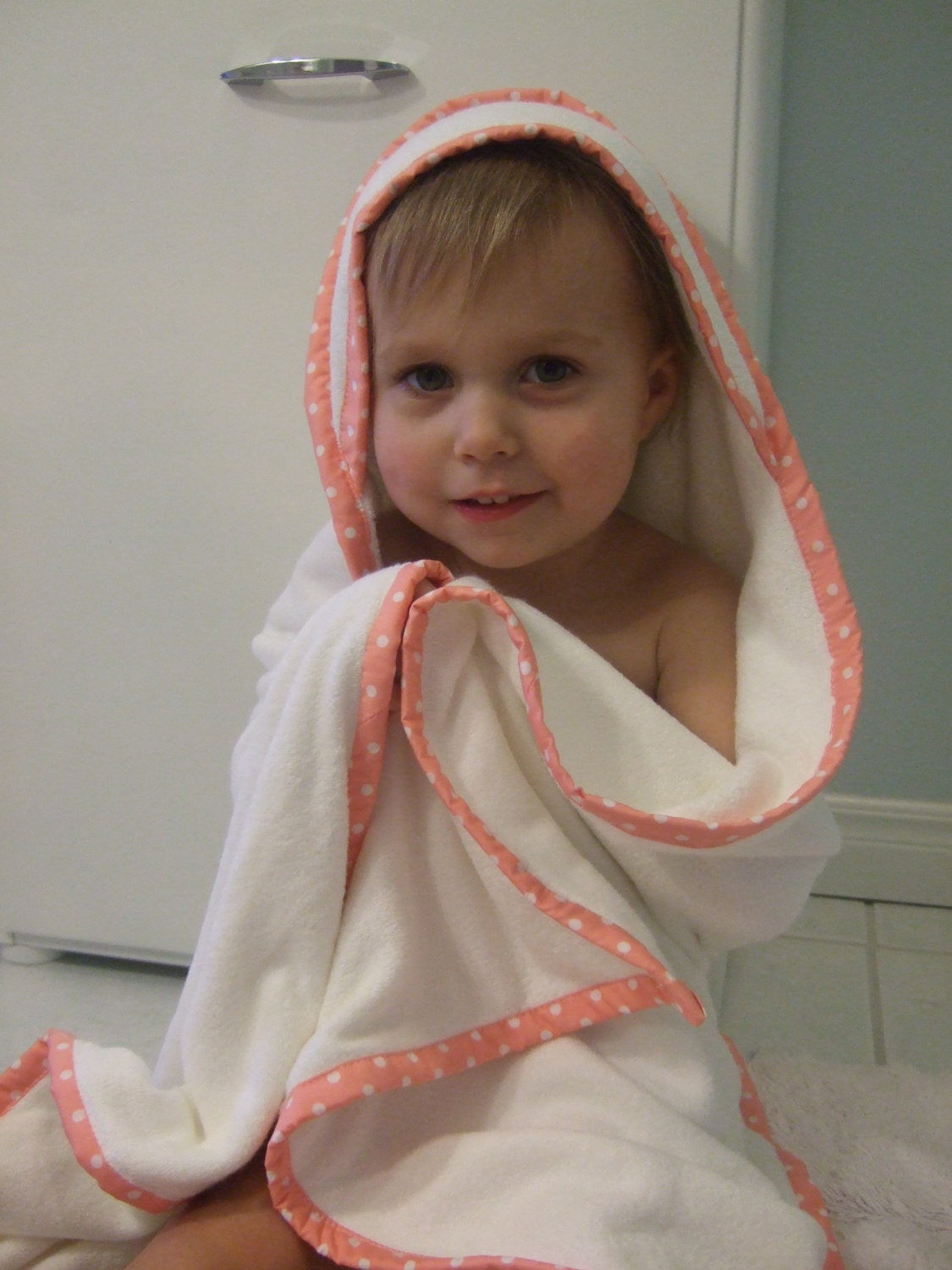 Organic Cotton & Bamboo - Girls Large Hooded Towel Set - Peachy Pink Polka Dots - Personalize