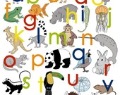 Nursery Art Animal Alphabet Poster Lower Case Childrens Animal Art Illustrations