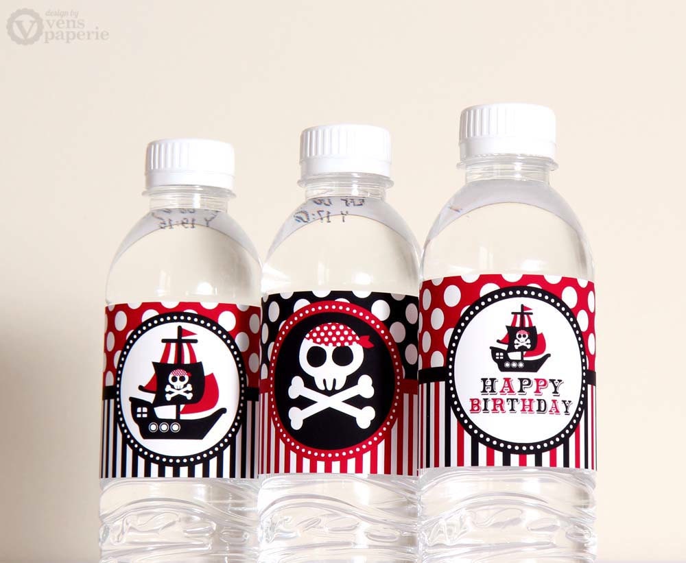 Red Pirate Birthday Party - DIY PRINTABLE Water Bottle Drink Label - Instant Download - PS831CA1g Il_570xn