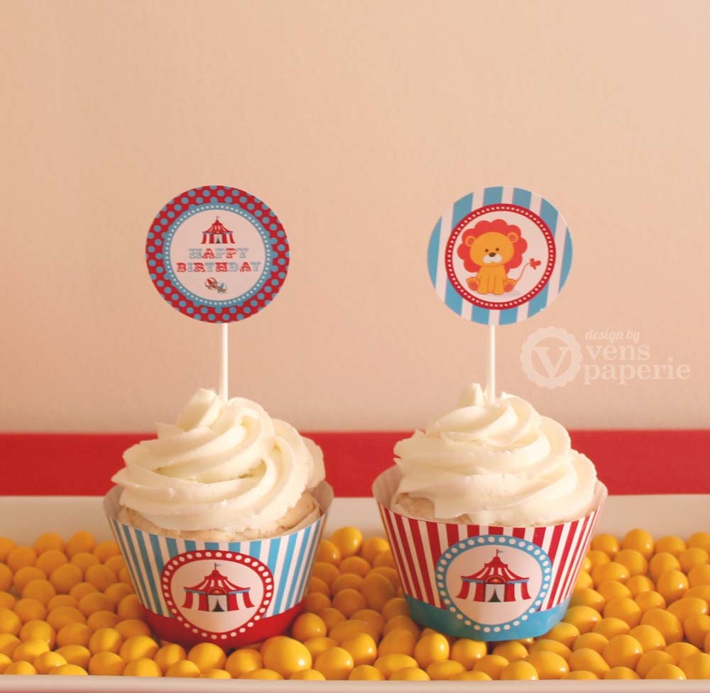 Vintage Blue Carnival Circus Birthday Party - DIY PRINTABLE Party Circle and Wrappers - Instant Download - PS801CA1d