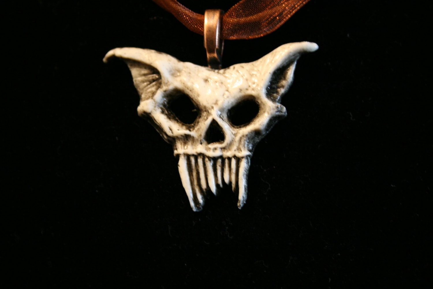 Zombie Cat Skull Pendant - Ash white with copper-tone necklace