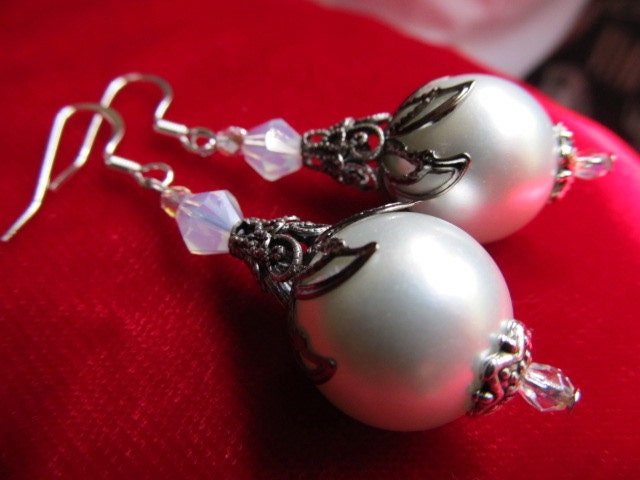 Pearlized- SALE Swarovski Crystal Pearl Filigree Bridal Wedding Sterling Silver earrings