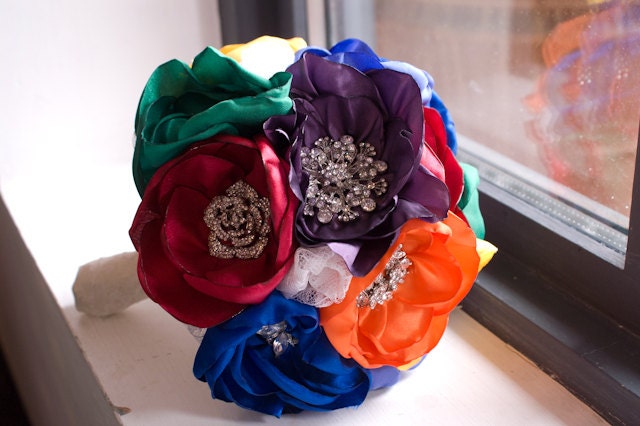 Handmade wedding bouquet, Rainbow bridal bouquet, Fabric flower bouquet, Alternative Brooch bouquet