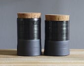corked canister pair black stoneware with black glaze. modern kitchen pottery minimal ceramics