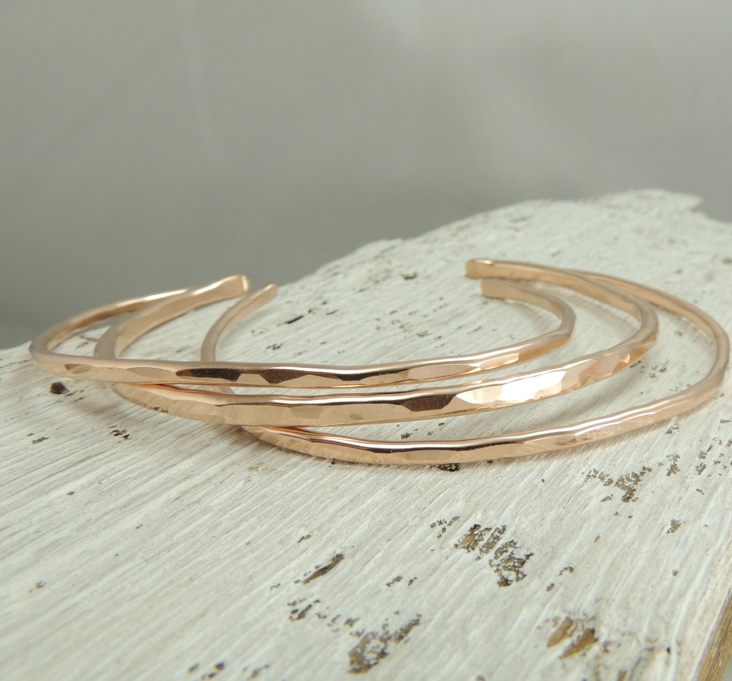 3, 14k Rose Gold Cuffs, Simple Rose Gold Cuff Bracelets, Hammered Cuff Bracelet, Stacking Cuffs