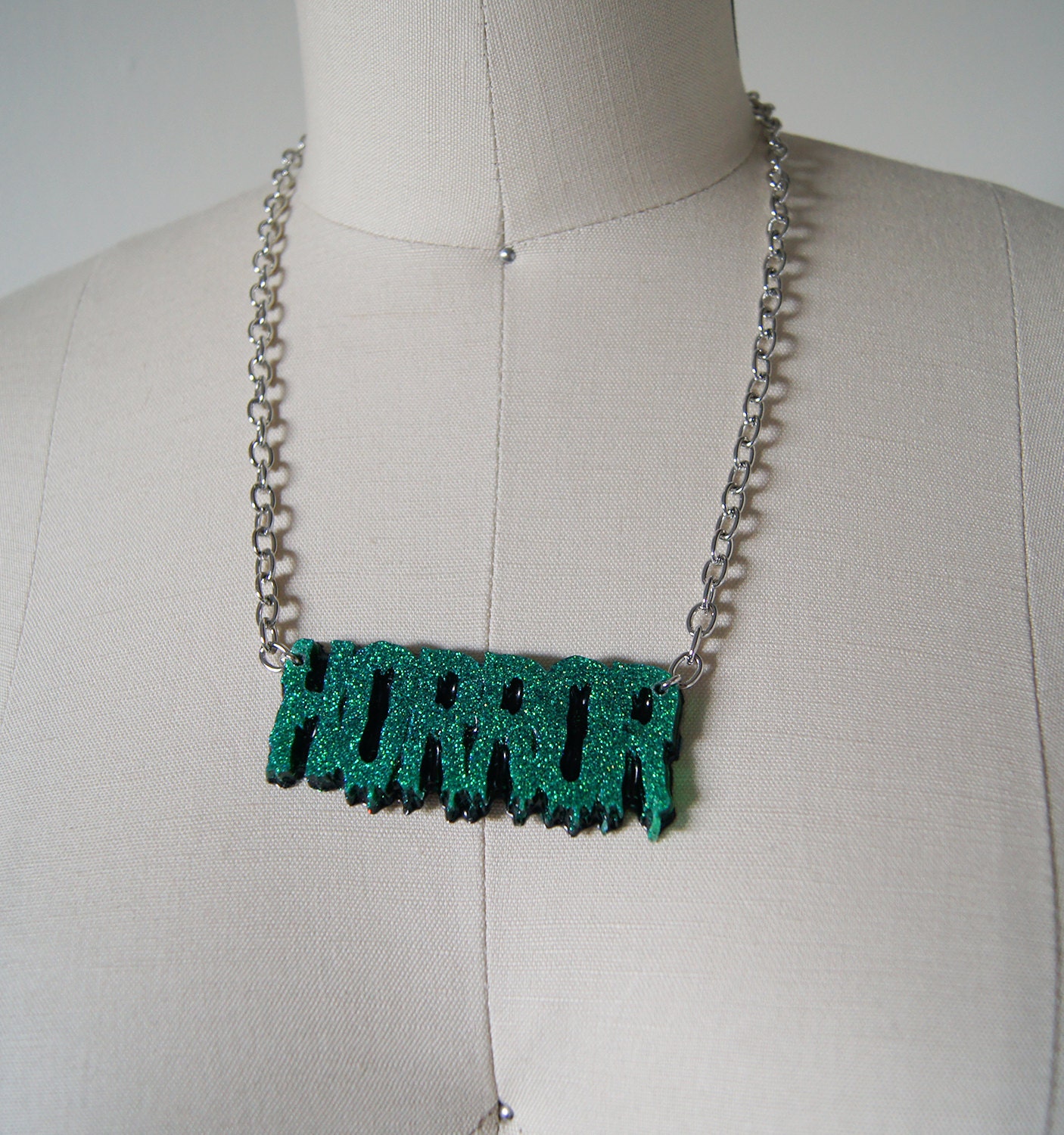 Horror Text Necklace, Glitter Green and Black.