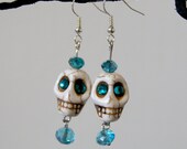 White Howlite Skull & Teal Earrings