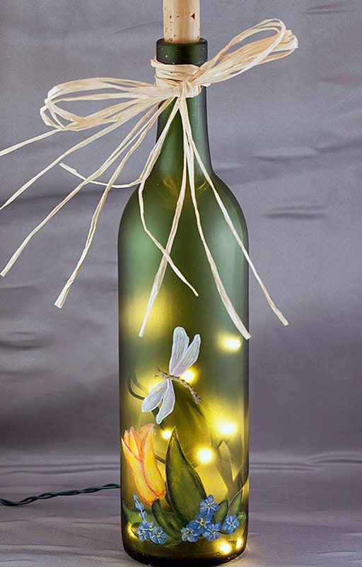 Lighted Wine Bottle Hand Painted Tulip and Dragonfly Recycled Green Glass Frosted Glass Night Light Accent Lamp