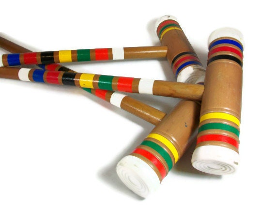 Croquet Mallet Set Wood Croquet Mallets Colorful Sports Decor - A2ndlifeVintage