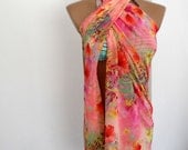 Floral Crinkle Scarf, Short Pareo, Swimsuit Cover up, Beach Skirt, Beachwear, Orange Pink Yellow Green, Summer Fashion